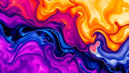 Vibrant swirls of purple, blue, and orange acrylic paint create an abstract fluid art background.