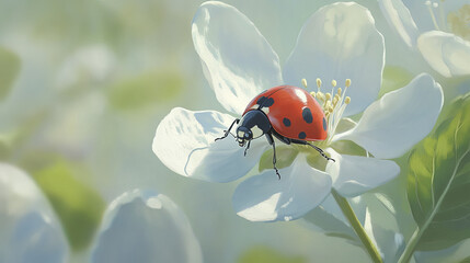 Obraz premium ladybug resting gracefully on white apple blossom, showcasing nature beauty