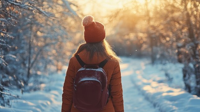 A person walks through a snowy forest at sunset, enjoying nature.