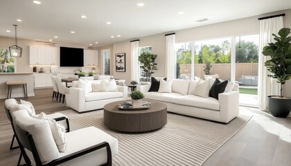 Fototapeta premium Modern Open Plan Living Room Interior Design with White Sofa and Large Windows