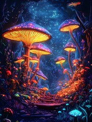 Naklejka premium giant mushrooms glow with bioluminescent colors on the dark forest floor