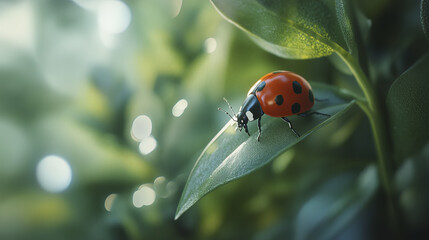 Obraz premium macro shot of ladybug resting on green leaf, showcasing its vibrant colors and details