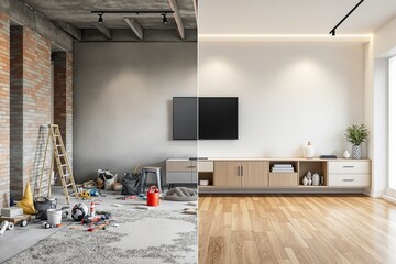 Living room showing contrast between construction phase with tools on concrete floor and completed modern design with wooden flooring, bright decor. Ai generative