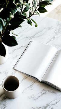 A magazine mockup featuring a blank two-page spread, elegantly placed on a marble coffee table, ready for creative designs.