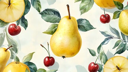 Obraz premium A seamless watercolor pattern featuring ripe apples, pears, and cherries, painted in vibrant reds, greens, and yellows, arranged on a soft cream background, artistic brushstrokes, hd clarity,