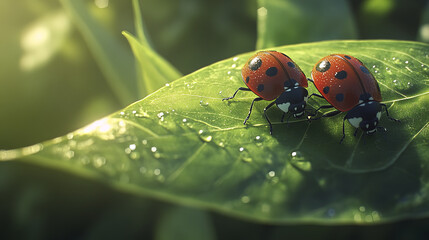 Fototapeta premium Two ladybugs on radiant green leaf, showcasing their intricate beauty