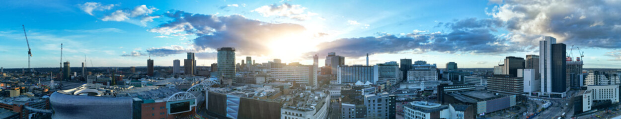 High Angle Ultra Wide Panoramic View of Buildings at Downtown Central Birmingham City of England United Kingdom During Sunset. Aerial View of Was Captured with Drone's Camera on March 30th, 2024