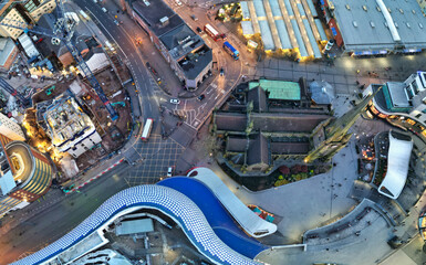 High Angle Ultra Wide Panoramic View of Buildings at Downtown Central Birmingham City of England United Kingdom During Sunset. Aerial View of Was Captured with Drone's Camera on March 30th, 2024