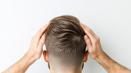 Fototapeta premium Young Man Styling His Hair with Hands in a Modern Haircut, Focusing on Grooming and Personal Care in a Minimalist Indoor Environment