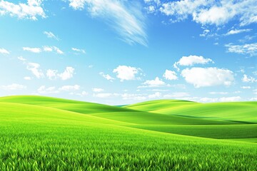 Obraz premium Scenic view of vibrant green grass-covered hills under a bright blue sky with scattered white clouds, evoking a peaceful and serene concept. Ai generative