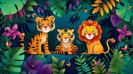 Adorable Illustrated Cartoon Tigers and Lion in Lush Tropical Jungle Foliage