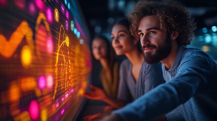 Obraz premium Team analyzing data on large interactive display.