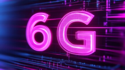 Neon Glowing 6G Text Against Futuristic Digital Cityscape with Holographic Elements