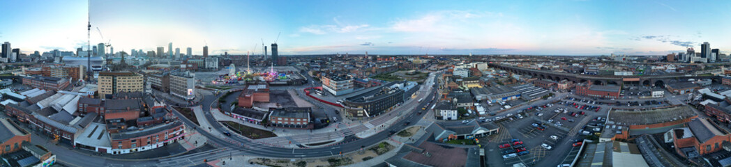 High Angle Ultra Wide Panoramic View of Buildings at Downtown Central Birmingham City of England United Kingdom During Sunset. Aerial View of Was Captured with Drone's Camera on March 30th, 2024