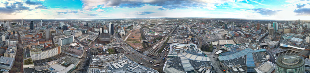 High Angle Ultra Wide Panoramic View of Buildings at Downtown Central Birmingham City of England United Kingdom During Sunset. Aerial View of Was Captured with Drone's Camera on March 30th, 2024