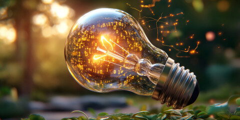 Light bulb shining with binary code suggesting innovation and technology
