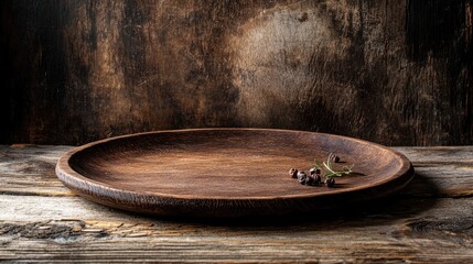 Fototapeta premium A wooden plate is used as a background in a stock photo, providing a rustic and natural setting for food or product photography, Generative ai