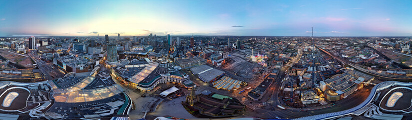 Fototapeta premium High Angle Ultra Wide Panoramic View of Buildings at Downtown Central Birmingham City of England United Kingdom During Sunset. Aerial View of Was Captured with Drone's Camera on March 30th, 2024