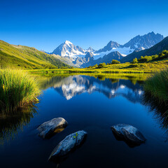 Naklejka premium Breathtaking mountain landscape with a serene lake and lush greenery reflecting in the calm waters, surrounded by majestic peaks.