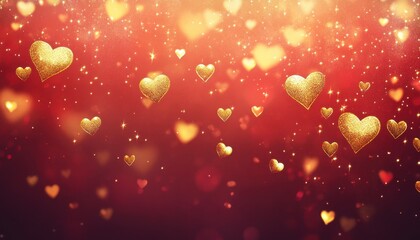 A vibrant background featuring floating golden hearts against a red backdrop.
