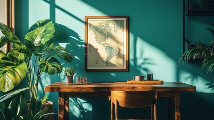 Stylish dining area featuring a wooden table surrounded by plants and earthy decor in a cozy setting