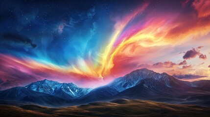 A photostock of a vibrant rainbow stretching across a scenic mountain valley