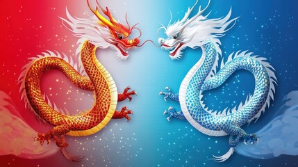 Fototapeta premium Two colorful dragons facing each other in a vibrant background.