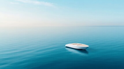 Serene Minimalist Boat Floating on Calm Water Surface Under Clear Blue Sky, Ideal for Tranquil and Relaxing Visual Themes in Stock Photography