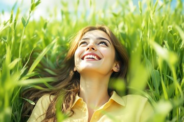 Fototapeta premium Woman smiling brightly while lying on lush green grass, in natural light, wearing a yellow shirt. Concept of happiness, relaxation, and nature. Ai generative