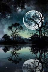 Fototapeta premium Winter Night In Forest, oil painting