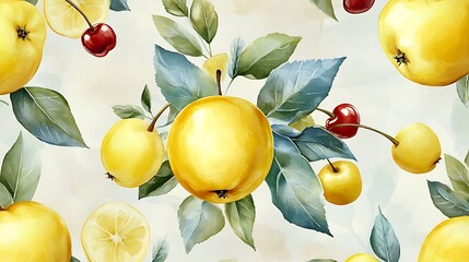 Artistic orchard fruits including apples, pears, and cherries, painted in rich watercolor tones, surrounded by delicate leaves, set against a muted beige backdrop, seamless and elegant, hd precision.