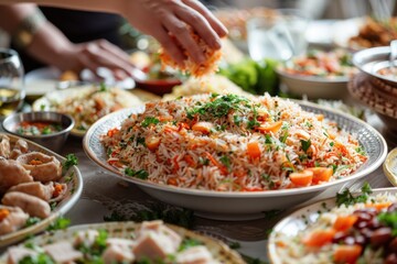 Close-up of a hand adding seasoning to a large bowl of vibrant rice pilaf surrounded by other dishes at a festive table.