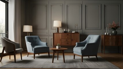 Living room with armchairs and cabinet Generative AI