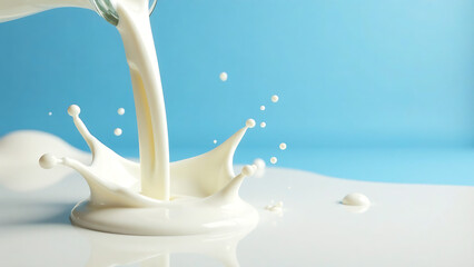 splattered milk splash, pouring white liquid flow for low, full, skimmed fat dairy products over blue clean isolated background as wide commercial banner design with copyspace