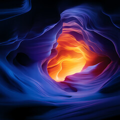 Mesmerizing abstract landscape featuring vibrant colors and fluid shapes, depicting a cave with glowing textures.