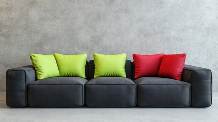 Modern gray sofa with green and red pillows against a concrete wall.