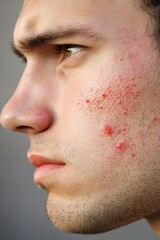 Fototapeta premium Close up of Young Man s Face with Severe Acne and Redness Skincare Problem