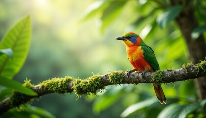 Obraz premium World Wildlife Day. A colorful bird sits on a branch surrounded by green foliage.