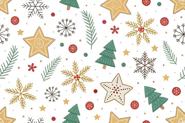 Festive Christmas seamless pattern with snowflakes, stars, trees, and berries.