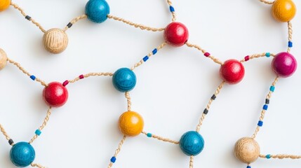 Abstract network connection concept with colorful string and wooden beads on white background, representing digital communication and interconnectedness


