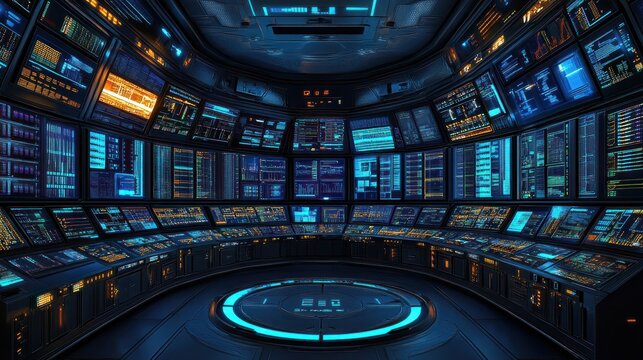 Futuristic control room with numerous screens displaying data and information.