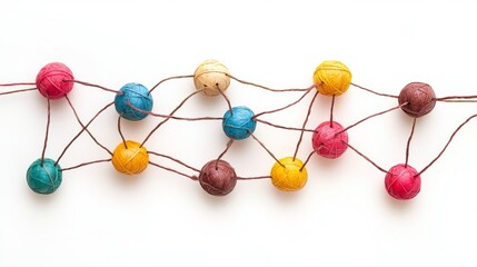 Abstract network connection concept with colorful string and wooden beads on white background, representing digital communication and interconnectedness


