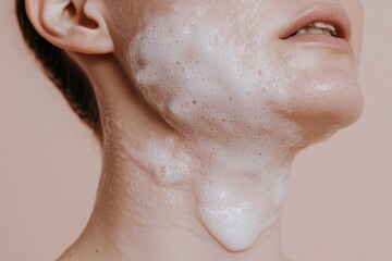 Naklejka premium Close up of Woman s Face with Cleansing Foam Skincare Routine Facial Wash