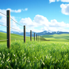 Fototapeta premium Vibrant green grass stretches toward a clear blue sky, with fence posts lining the path and distant mountains providing a serene backdrop.