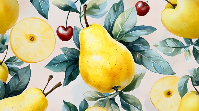 Juicy apples, pears, and cherries painted in vivid watercolors, paired with green leaves, arranged on a pastel pink backdrop, seamless and natural design, hd clarity. --ar 16:9 --sref https://s.mj.