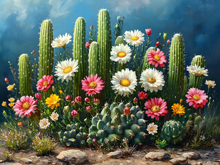 Vibrant desert cacti and wildflowers in full bloom, set against a dramatic sky.