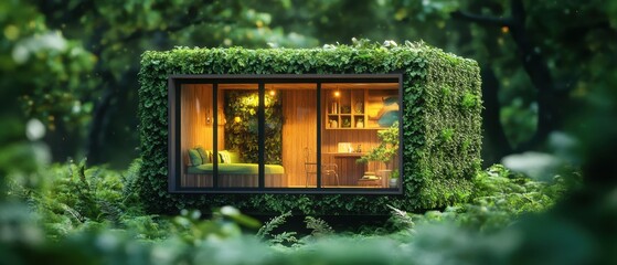 Modern eco-friendly cabin surrounded by lush greenery in a serene forest setting