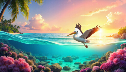 Pelican flying above colorful underwater coral reef