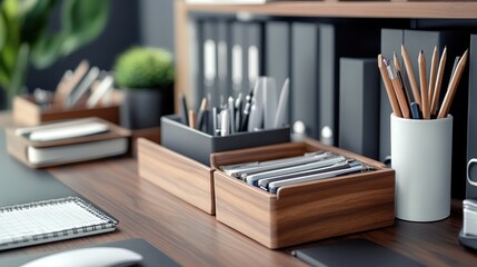 Organized modern office desk with wooden organizers, stationery, and files.