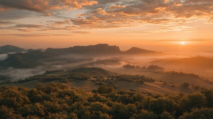 Serene sunrise over misty mountains and rolling hills, a golden hour landscape in nature, peaceful scenery,